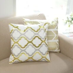 Set Of 4 | 18" White/Gold Foil Geometric Print Throw Pillow Covers, Velvet Square Sofa Cushion Covers -Home Decor Promotional Store FURN PLW FOIL02 SET1 WHT D03