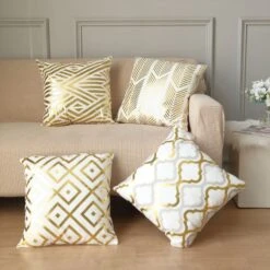 Set Of 4 | 18" White/Gold Foil Geometric Print Throw Pillow Covers, Velvet Square Sofa Cushion Covers