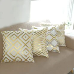 Set Of 4 | 18" White/Gold Foil Geometric Print Throw Pillow Covers, Velvet Square Sofa Cushion Covers -Home Decor Promotional Store FURN PLW FOIL02 SET1 WHT 02