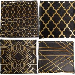 Set Of 4 | 18" Black/Gold Foil Geometric Print Throw Pillow Covers, Velvet Square Sofa Cushion Covers -Home Decor Promotional Store FURN PLW FOIL02 SET4 BLK 99