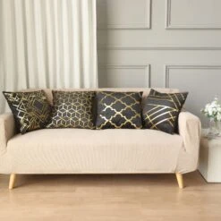Set Of 4 | 18" Black/Gold Foil Geometric Print Throw Pillow Covers, Velvet Square Sofa Cushion Covers -Home Decor Promotional Store FURN PLW FOIL02 SET4 BLK D01