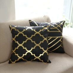 Set Of 4 | 18" Black/Gold Foil Geometric Print Throw Pillow Covers, Velvet Square Sofa Cushion Covers -Home Decor Promotional Store FURN PLW FOIL02 SET4 BLK D02