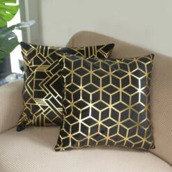Set Of 4 | 18" Black/Gold Foil Geometric Print Throw Pillow Covers, Velvet Square Sofa Cushion Covers -Home Decor Promotional Store FURN PLW FOIL02 SET4 BLK D04