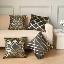 Set Of 4 | 18" Black/Gold Foil Geometric Print Throw Pillow Covers, Velvet Square Sofa Cushion Covers -Home Decor Promotional Store FURN PLW FOIL02 SET4 BLK 01