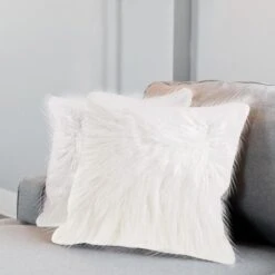 2 Pack | 18" White Faux Fur Sheepskin Throw Pillow Cases, Square Pillow Covers