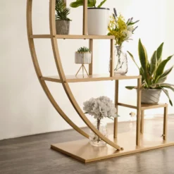 4.5ft Gold Metal 4-Tier Half Moon Plant Shelf Rack With Hanging Hooks, Dessert Display Stand -Home Decor Promotional Store FURN STND 002 GOLD D03