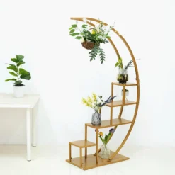 4.5ft Gold Metal 4-Tier Half Moon Plant Shelf Rack With Hanging Hooks, Dessert Display Stand