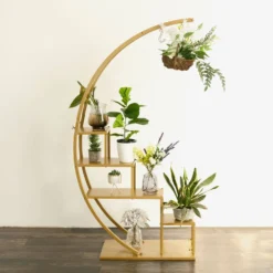 4.5ft Gold Metal 4-Tier Half Moon Plant Shelf Rack With Hanging Hooks, Dessert Display Stand -Home Decor Promotional Store FURN STND 002 GOLD 02