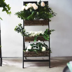 42" 3-Tier Metal Ladder Plant Stand With Natural Wooden Log Planters -Home Decor Promotional Store FURN WOD RCK001 D02