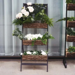 42" 3-Tier Metal Ladder Plant Stand With Natural Wooden Log Planters -Home Decor Promotional Store FURN WOD RCK001 D07
