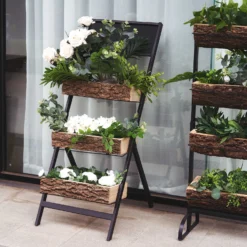 42" 3-Tier Metal Ladder Plant Stand With Natural Wooden Log Planters -Home Decor Promotional Store FURN WOD RCK001 D08
