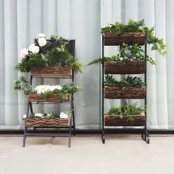 42" 3-Tier Metal Ladder Plant Stand With Natural Wooden Log Planters -Home Decor Promotional Store FURN WOD RCK001 D09