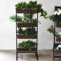 42" 4-Tier Metal Ladder Plant Stand With Natural Wooden Log Planters