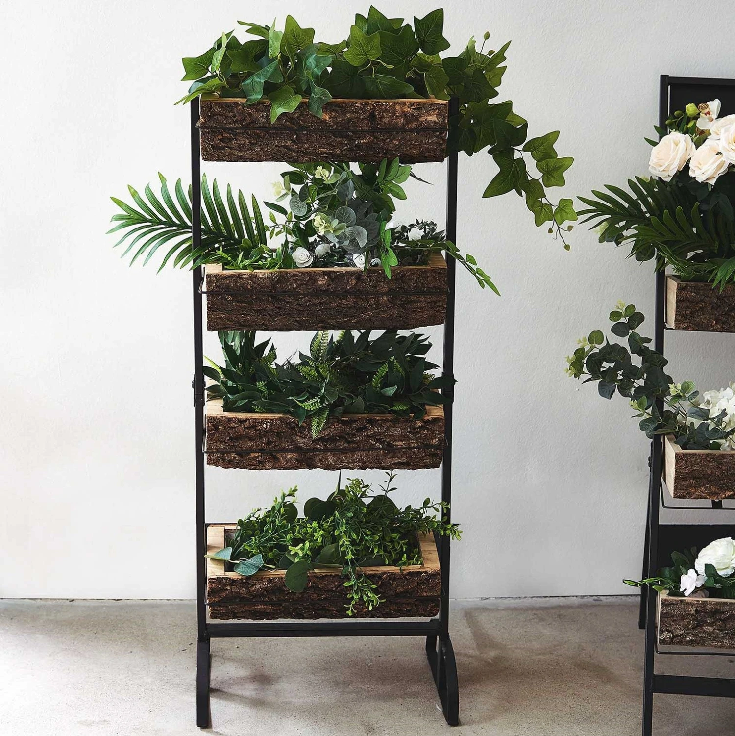 42" 4-Tier Metal Ladder Plant Stand With Natural Wooden Log Planters 1 42" 4-Tier Metal Ladder Plant Stand With Natural Wooden Log Planters