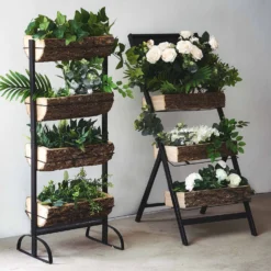 42" 4-Tier Metal Ladder Plant Stand With Natural Wooden Log Planters 19 42" 4-Tier Metal Ladder Plant Stand With Natural Wooden Log Planters -Home Decor Promotional Store FURN WOD RCK002 D02