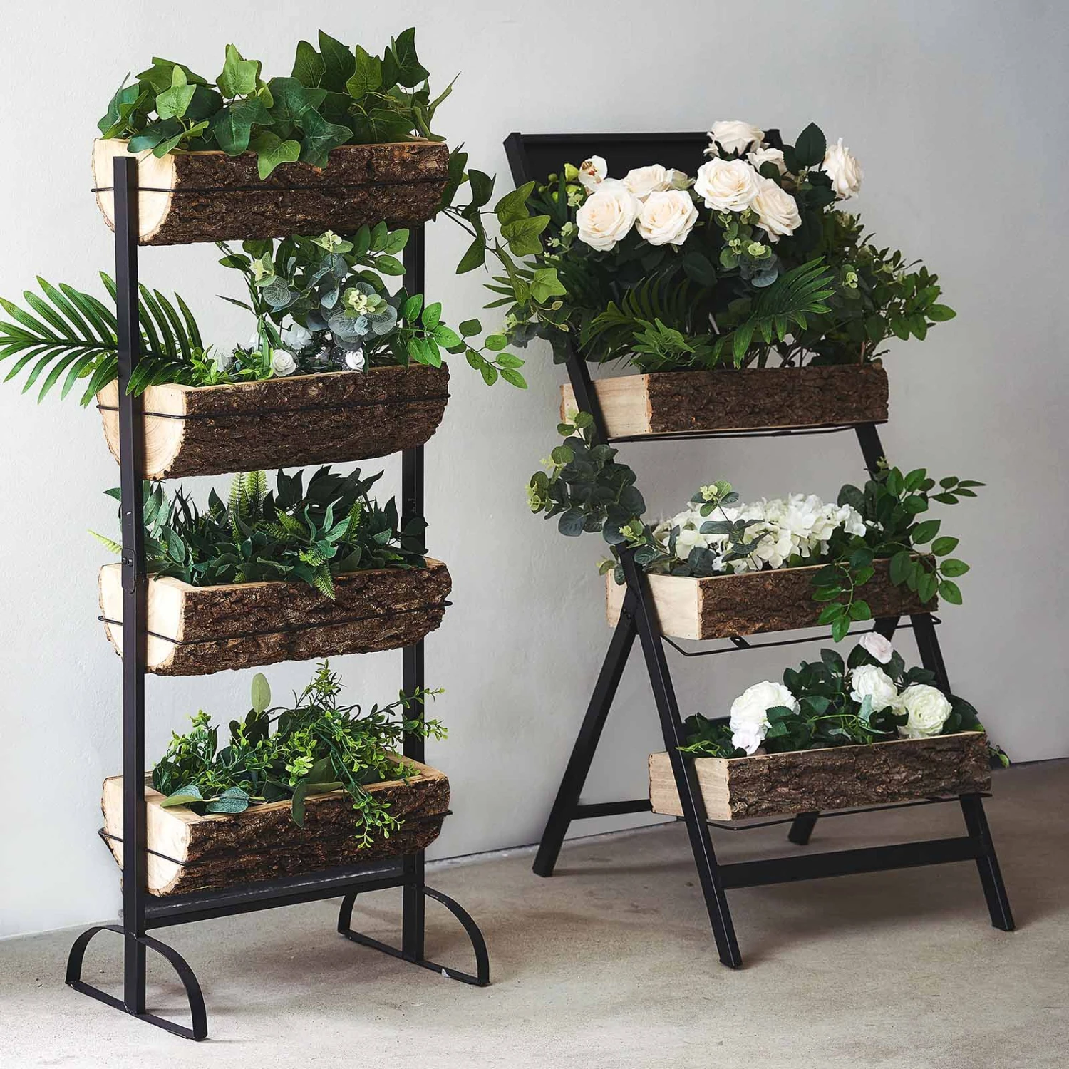 42" 4-Tier Metal Ladder Plant Stand With Natural Wooden Log Planters 7 42" 4-Tier Metal Ladder Plant Stand With Natural Wooden Log Planters - Image 7