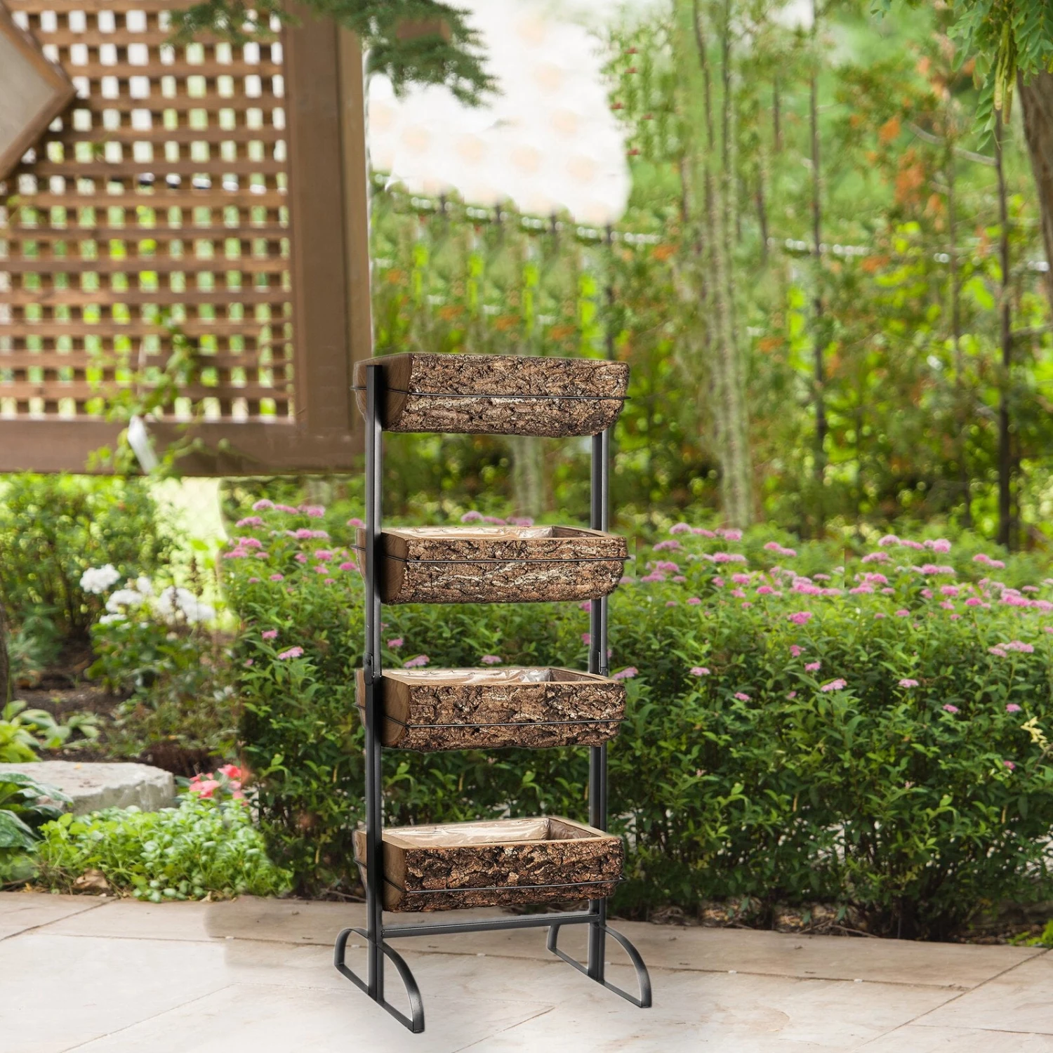 42" 4-Tier Metal Ladder Plant Stand With Natural Wooden Log Planters 4 42" 4-Tier Metal Ladder Plant Stand With Natural Wooden Log Planters - Image 4