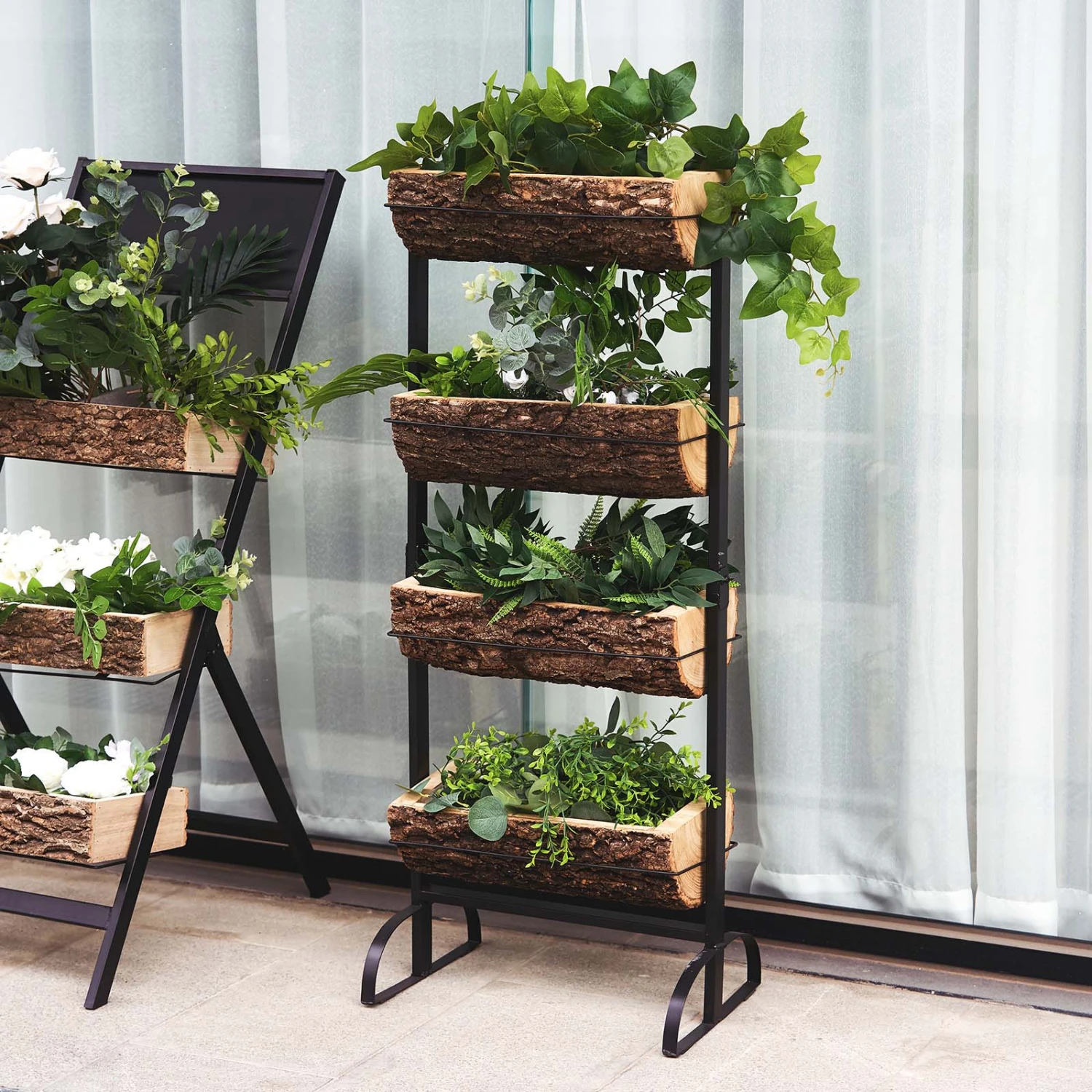 42" 4-Tier Metal Ladder Plant Stand With Natural Wooden Log Planters 11 42" 4-Tier Metal Ladder Plant Stand With Natural Wooden Log Planters - Image 11