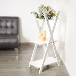44" 3-Tier White Wooden Plant Stand, X-Frame Display Shelf Accent Rack -Home Decor Promotional Store FURN WOD RCK003 WHT D02