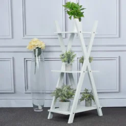 44" 3-Tier White Wooden Plant Stand, X-Frame Display Shelf Accent Rack -Home Decor Promotional Store FURN WOD RCK003 WHT D03