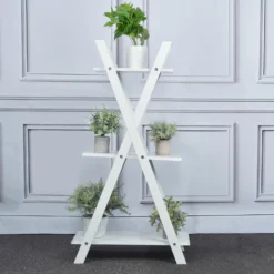 44" 3-Tier White Wooden Plant Stand, X-Frame Display Shelf Accent Rack -Home Decor Promotional Store FURN WOD RCK003 WHT D11