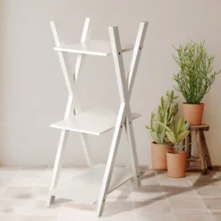 44" 3-Tier White Wooden Plant Stand, X-Frame Display Shelf Accent Rack -Home Decor Promotional Store FURN WOD RCK003 WHT 02