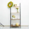 5ft 4-Tier Metal Leaning Ladder Bookshelf Stand With Natural Wood Racks