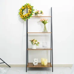 5ft 4-Tier Metal Leaning Ladder Bookshelf Stand With Natural Wood Racks