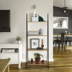 5ft 4-Tier Metal Leaning Ladder Bookshelf Stand With Natural Wood Racks -Home Decor Promotional Store FURN WOD RCK004 DKBN D07.progressive 0216cafc c829 4d66 a784 afd23cfe1731