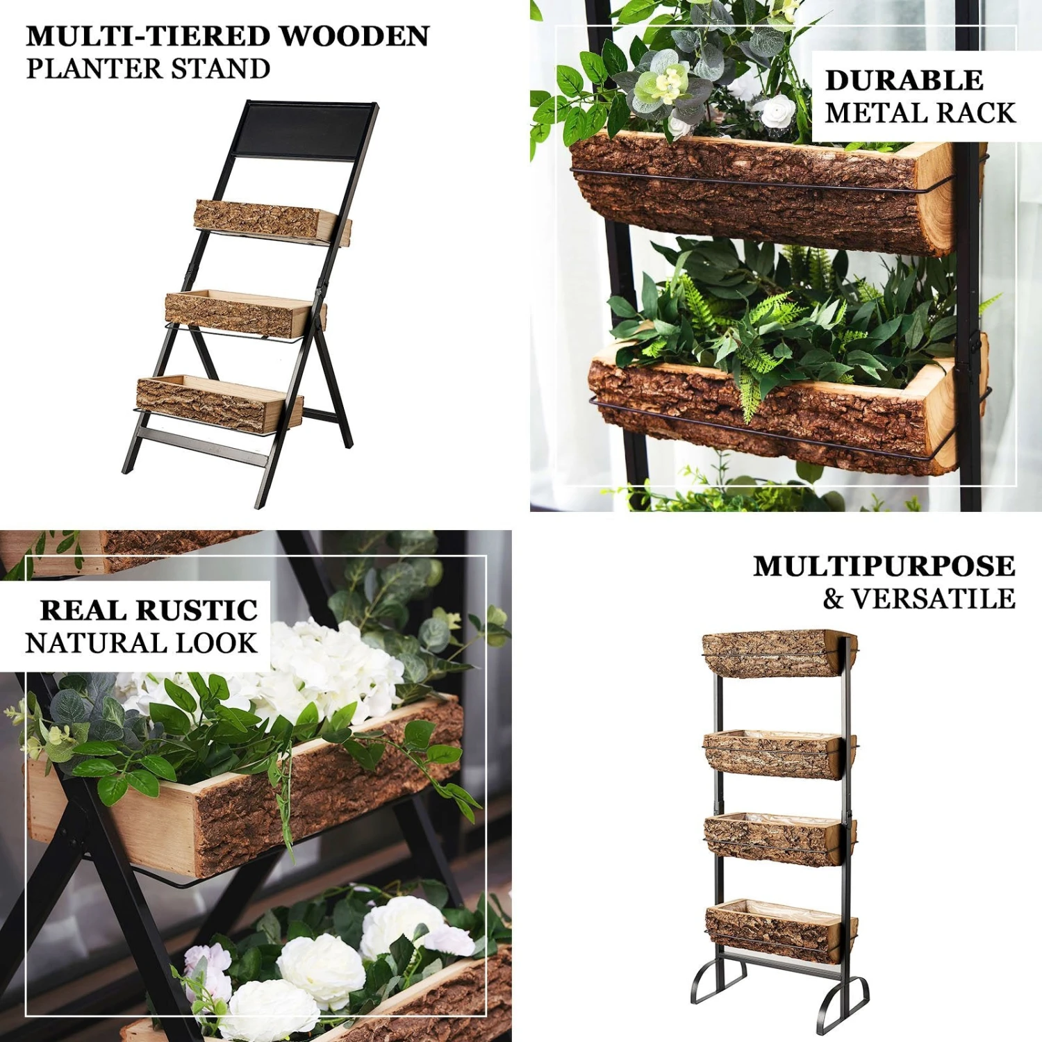 42" 4-Tier Metal Ladder Plant Stand With Natural Wooden Log Planters 2 42" 4-Tier Metal Ladder Plant Stand With Natural Wooden Log Planters - Image 2