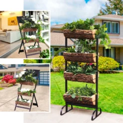 42" 3-Tier Metal Ladder Plant Stand With Natural Wooden Log Planters -Home Decor Promotional Store FURN WOD RCK00 EBC2