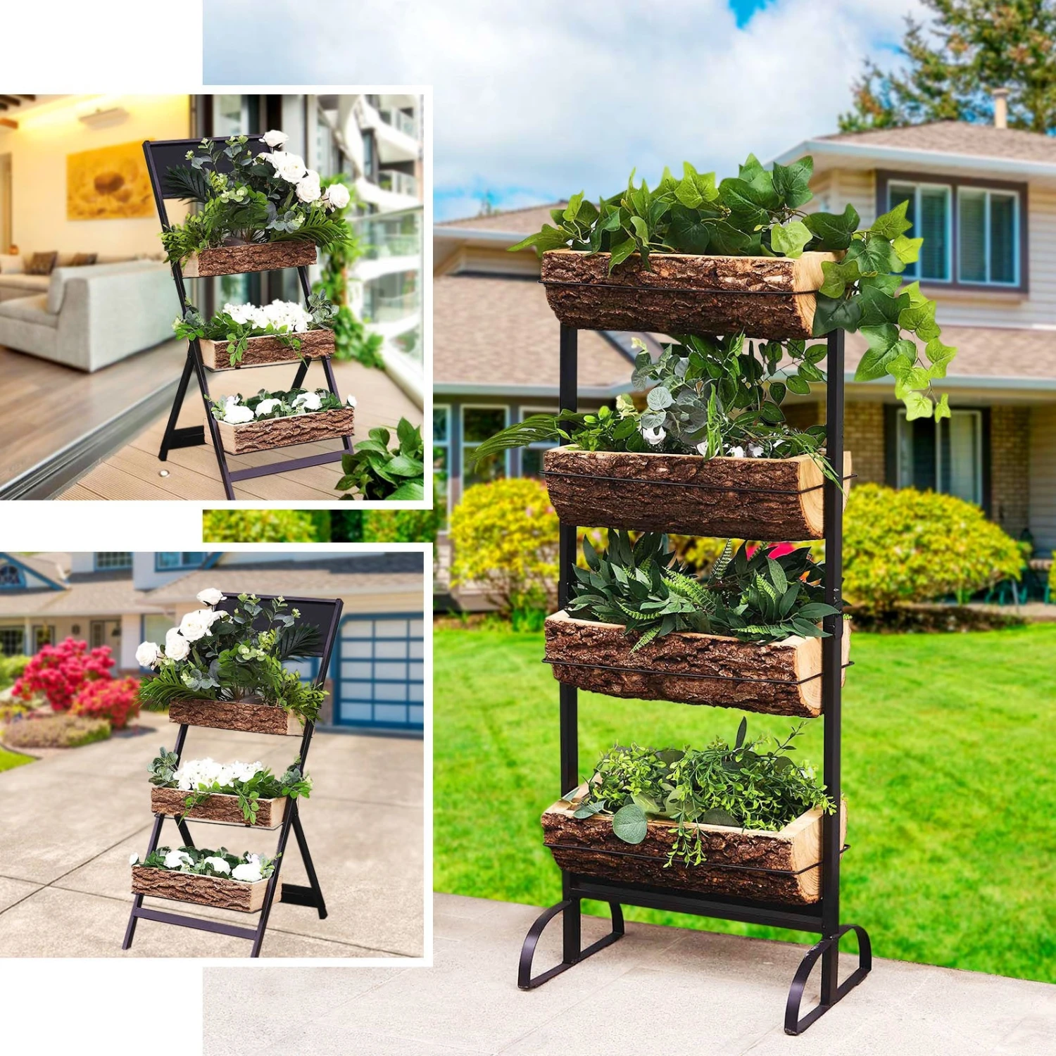 42" 4-Tier Metal Ladder Plant Stand With Natural Wooden Log Planters 3 42" 4-Tier Metal Ladder Plant Stand With Natural Wooden Log Planters - Image 3