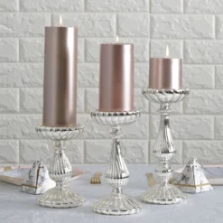 Set Of 3 | Mercury Glass Pillar Candle Holder Stands, Votive Candle Centerpieces - 7", 8", 10" -Home Decor Promotional Store GLAS CAN05 SILV 01