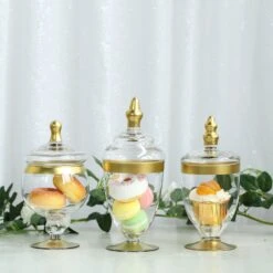 Set Of 3 - Gold Trim Apothecary Jars, Glass Candy Jars With Lids - 9",9",8" -Home Decor Promotional Store GLAS JAR07 GOLD D01