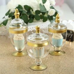 Set Of 3 - Gold Trim Apothecary Jars, Glass Candy Jars With Lids - 9",9",8" -Home Decor Promotional Store GLAS JAR07 GOLD D05