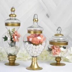 Set Of 3 Gold Trimmed Glass Apothecary Candy Jars With Lids -10"/14"/16" -Home Decor Promotional Store GLAS JAR10 GOLD D03 dc08670c 48a0 487d afe7 ccb757815b53