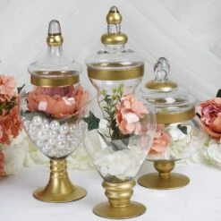 Set Of 3 Gold Trimmed Glass Apothecary Candy Jars With Lids -10"/14"/16" -Home Decor Promotional Store GLAS JAR10 GOLD D07