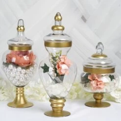 Set Of 3 Gold Trimmed Glass Apothecary Candy Jars With Lids -10"/14"/16"