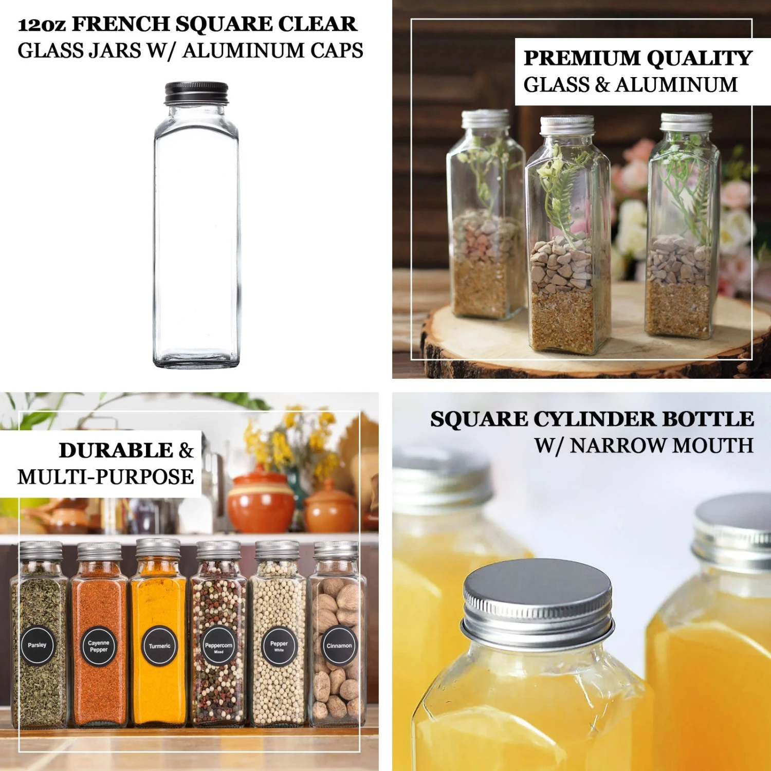 12 Pack | 12oz French Square Clear Glass Jars With Aluminum Caps, Refillable Glass Storage Bottles - 7" 2 12 Pack | 12oz French Square Clear Glass Jars With Aluminum Caps, Refillable Glass Storage Bottles - 7" - Image 2