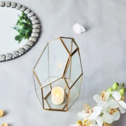 Heptagon Prism Gold Metal Geometric Glass Terrarium, Multipurpose Air Plants Holder 10" -Home Decor Promotional Store GLAS VASE005 GOLD D02