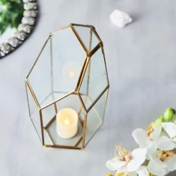 Heptagon Prism Gold Metal Geometric Glass Terrarium, Multipurpose Air Plants Holder 10" -Home Decor Promotional Store GLAS VASE005 GOLD D03