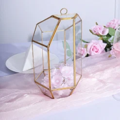 Heptagon Prism Gold Metal Geometric Glass Terrarium, Multipurpose Air Plants Holder 10" -Home Decor Promotional Store GLAS VASE005 GOLD D08