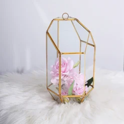 Heptagon Prism Gold Metal Geometric Glass Terrarium, Multipurpose Air Plants Holder 10" -Home Decor Promotional Store GLAS VASE005 GOLD D11