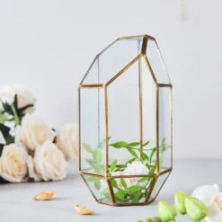 Heptagon Prism Gold Metal Geometric Glass Terrarium, Multipurpose Air Plants Holder 10" -Home Decor Promotional Store GLAS VASE005 GOLD 01