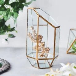 Heptagon Prism Gold Metal Geometric Glass Terrarium, Multipurpose Air Plants Holder 10" -Home Decor Promotional Store GLAS VASE005 GOLD 02
