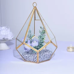 Hanging Gold Metal Frame Glass Geometric Teardrop Terrarium, Self Standing Air Plant Holder 9"