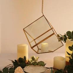 Heptahedron Hanging Gold Metal Geometric Glass Terrarium, Multipurpose Air Plants Holder 9" -Home Decor Promotional Store GLAS VASE007 GOLD D01 scaled