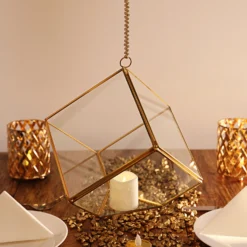 Heptahedron Hanging Gold Metal Geometric Glass Terrarium, Multipurpose Air Plants Holder 9" -Home Decor Promotional Store GLAS VASE007 GOLD D02 scaled