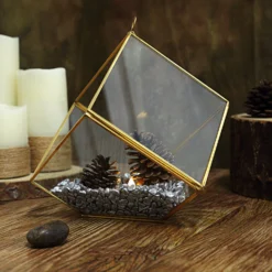 Heptahedron Hanging Gold Metal Geometric Glass Terrarium, Multipurpose Air Plants Holder 9" -Home Decor Promotional Store GLAS VASE007 GOLD D05 scaled