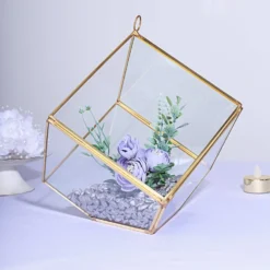 Heptahedron Hanging Gold Metal Geometric Glass Terrarium, Multipurpose Air Plants Holder 9"